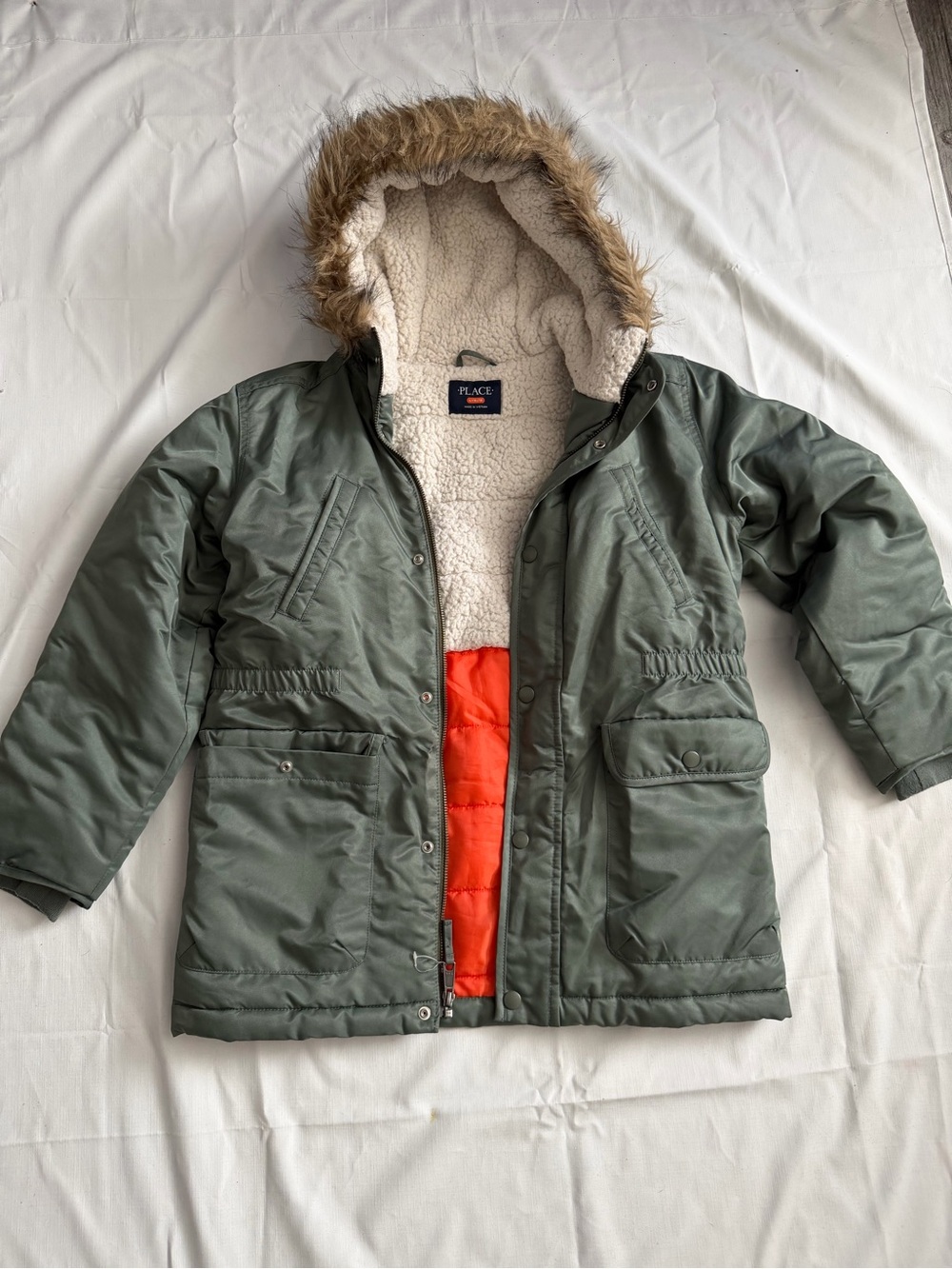 Olive Green Puffer Parka with Faux-Fur Hood and Orange Liner